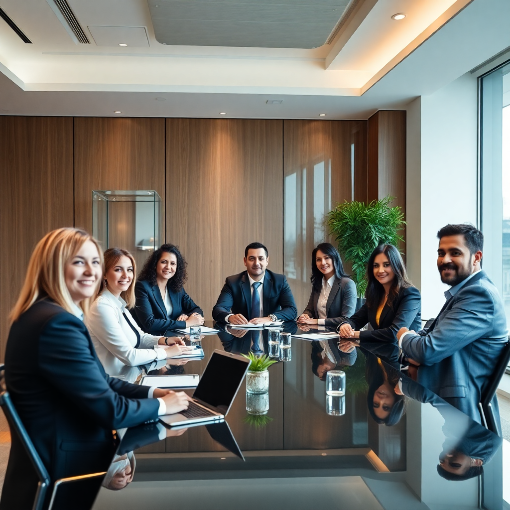 diverse group of business executives in modern boardroom, professional corporate meeting, luxury office interior photography