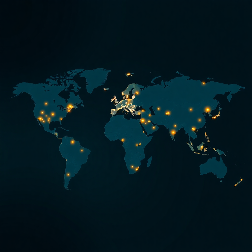 world map in dark teal with golden glowing nodes marking Dubai, London, Washington DC, Singapore, Hong Kong, New York, Paris, Tokyo, luxury style map