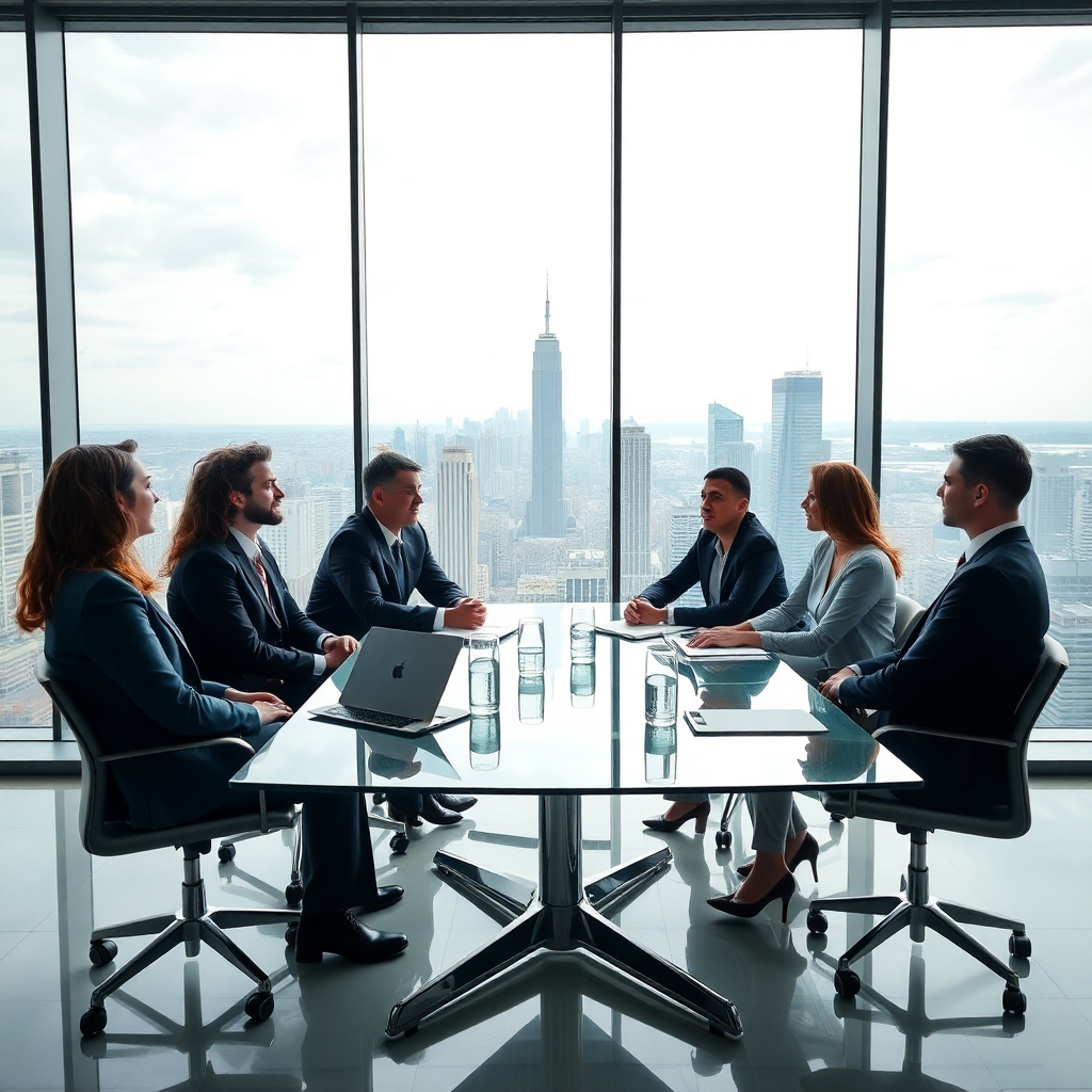 luxury business meeting with diverse international executives in modern glass office overlooking city skyline, professional corporate photography
