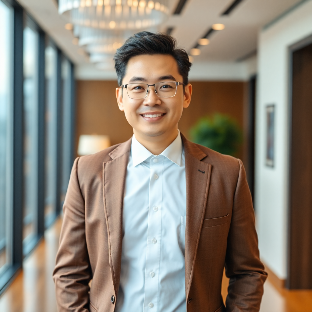 professional executive portrait Asian male CTO in luxury office, business formal attire, confident professional photography