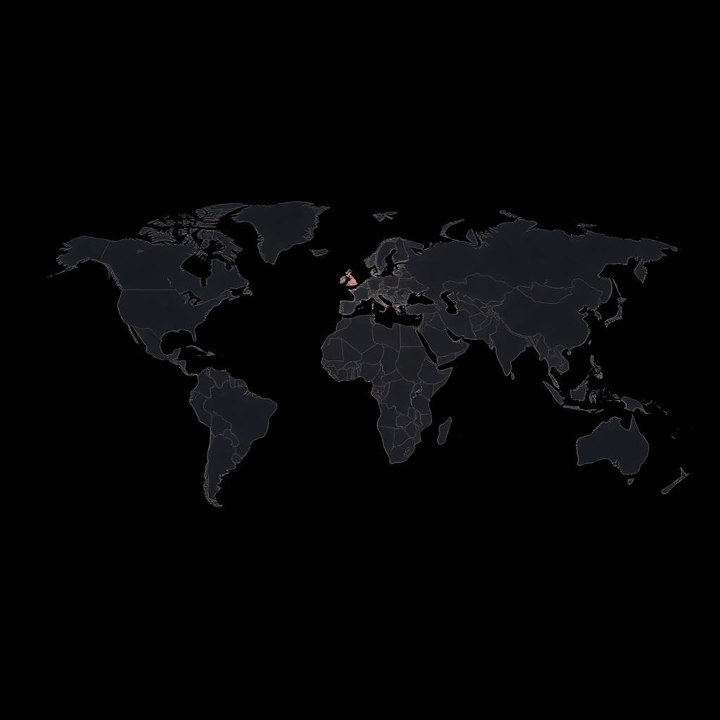 world map with network connections and nodes, dark minimal style
