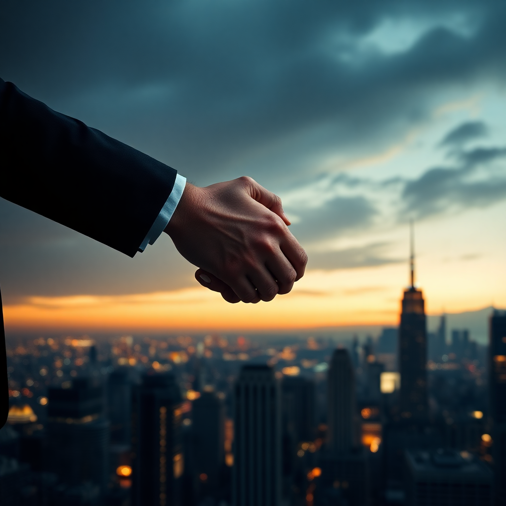 luxury business handshake global partnership skyline background, cinematic dark photography