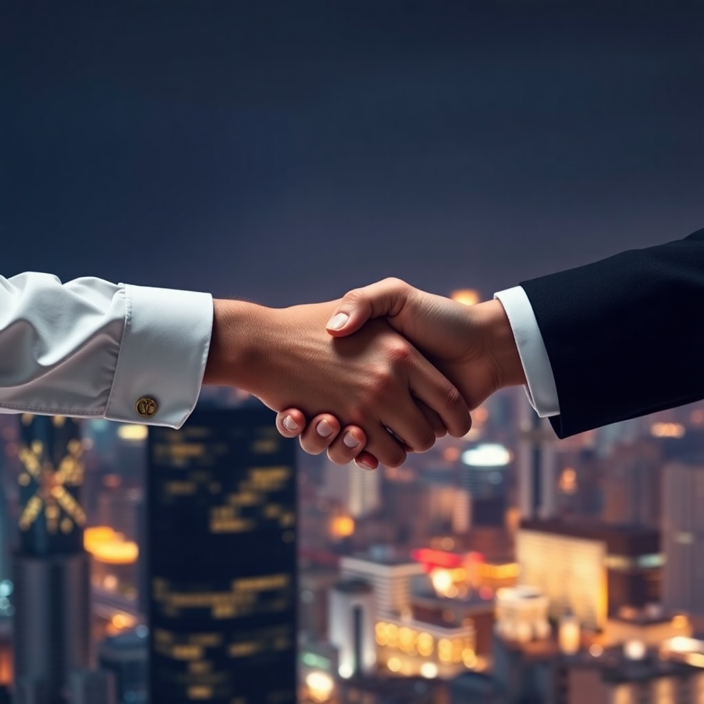 luxury business handshake global partnership skyline background, cinematic dark photography