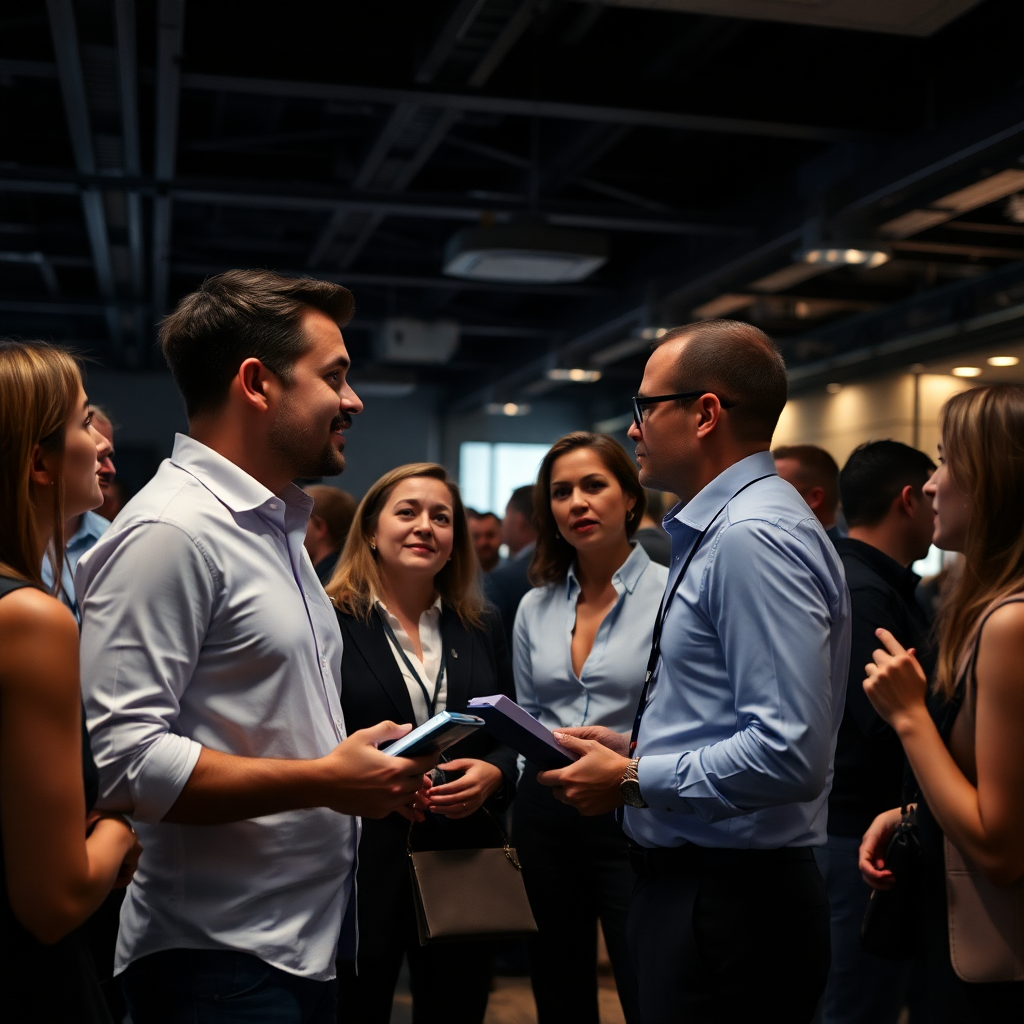 professional business people networking at corporate event, modern office environment, dark cinematic style